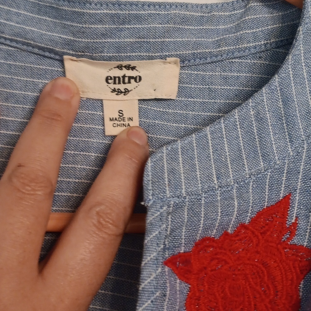 Entro Striped Blue Top with Red Floral Detail - Picture 5 of 7